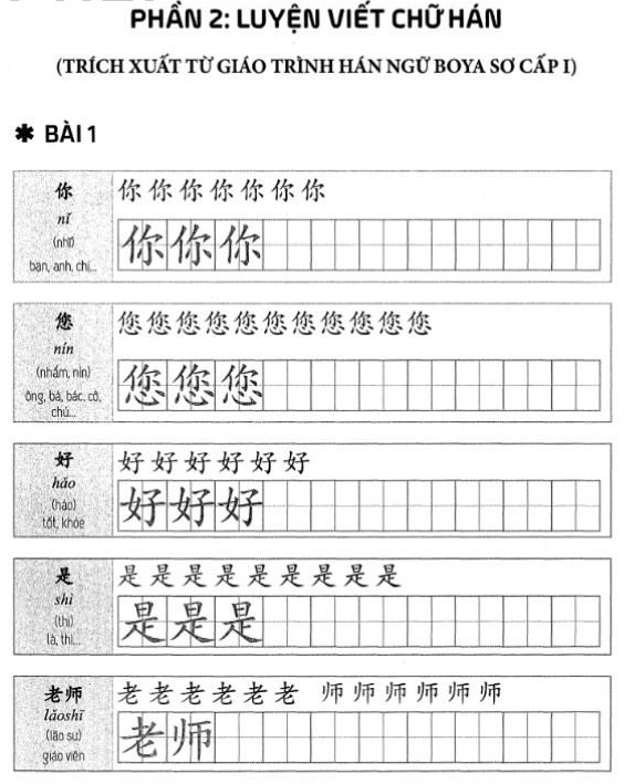Luyện viết các chữ Hán